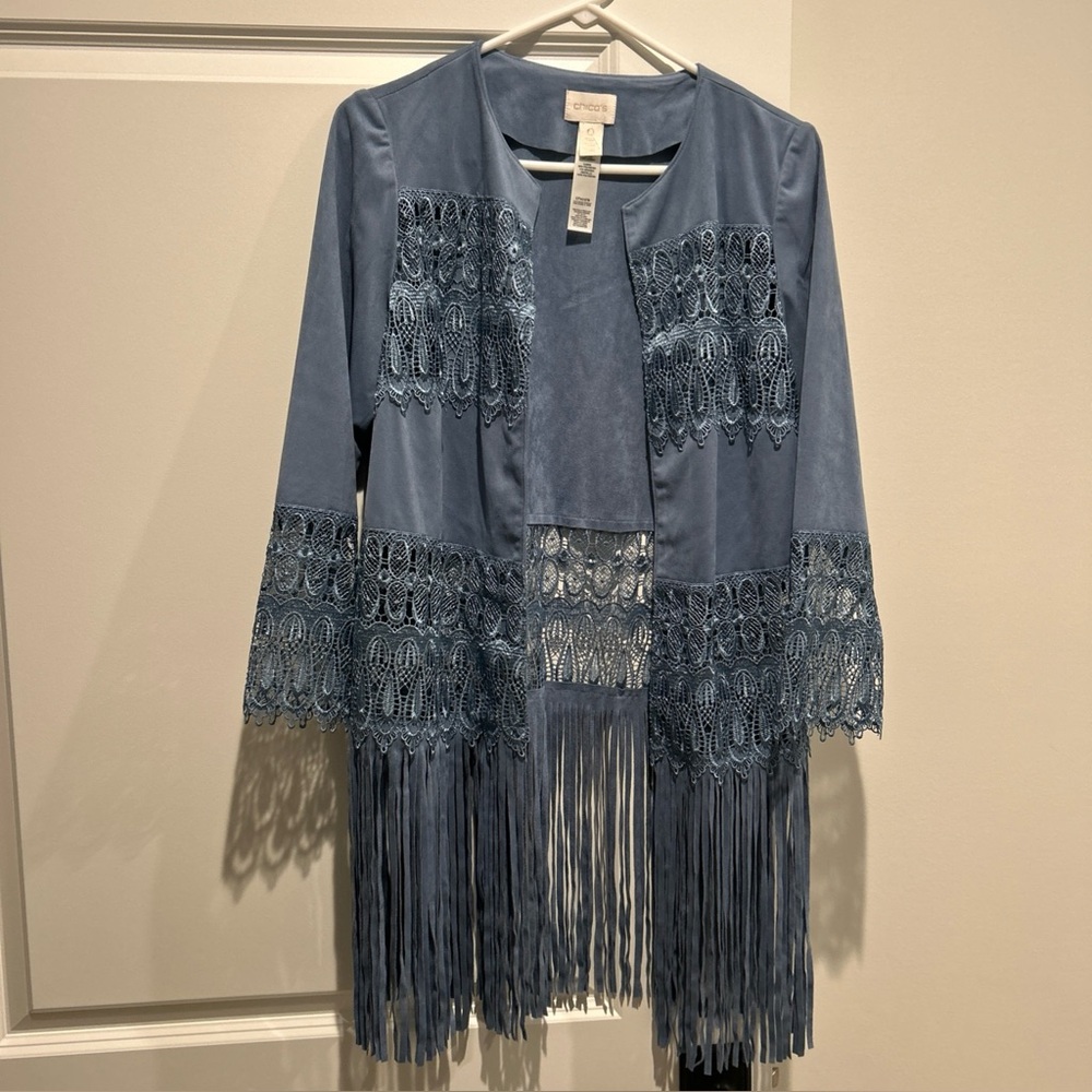 Chico’s 0 vegan suede blue fringe‎ lace kimono open front jacket country cowgirl